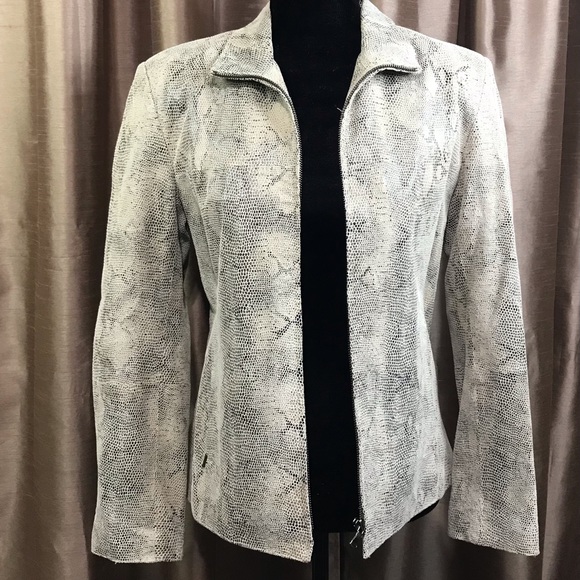 Mix It Jacket 100% Leather Beige Snake Print Lined Zips Pockets Size Small [c c] - Picture 5 of 5